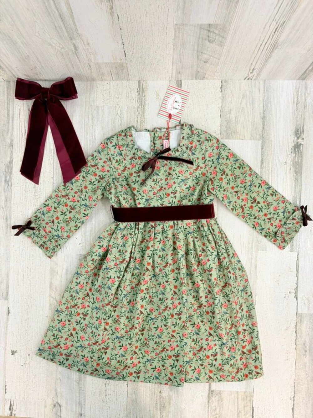La Coqueta Sz 6 Silas Girl Dress Sage Bird Floral Green NWT with Hair BOW